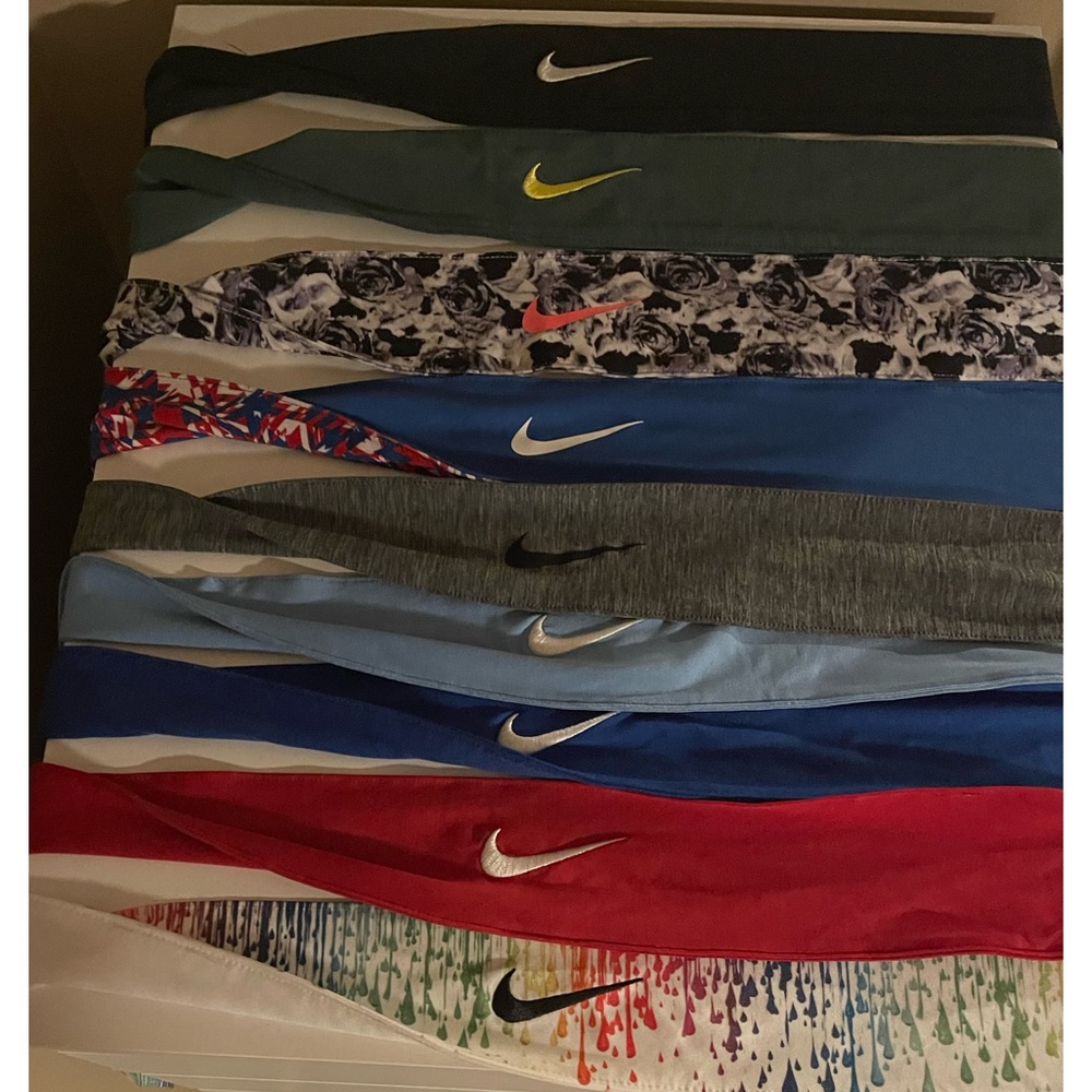 Nike adjustable tie, headbands with dry fit technology. You get all 9 of them!
